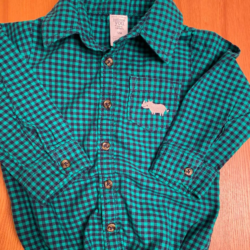 Carter's Teal and Black Checkered Bodysuit with Rhino Detail